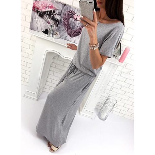 

Women Maxi Long O-Neck Short Sleeves Belt Elastic Waist Casual Dress