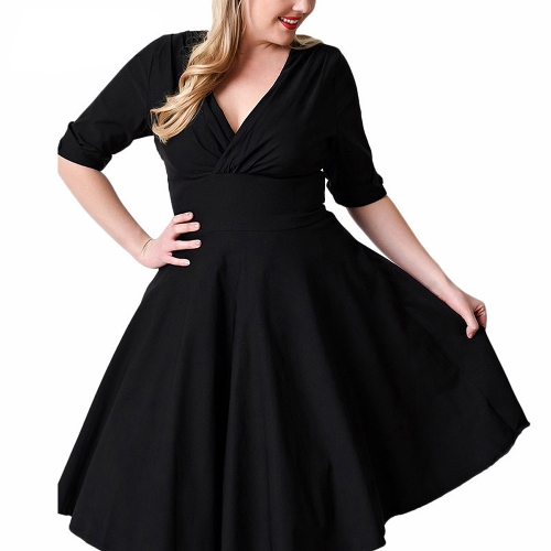 

Сексуальные женщины V Шея Твердые Стройный Ruched Элегантный вечер Swing Skater Dress