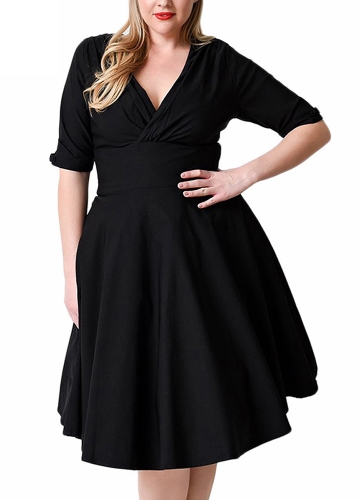 

Sexy Women V Neck Solid Slim Ruched Elegant Party Swing Skater Dress