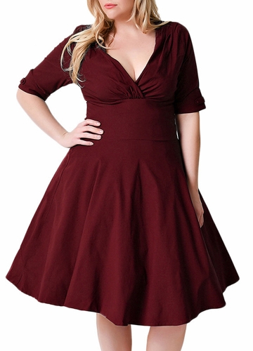 

Sexy Women V Neck Solid Slim Ruched Elegant Party Swing Skater Dress