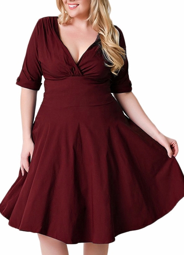 

Сексуальные женщины V Шея Твердые Стройный Ruched Элегантный вечер Swing Skater Dress
