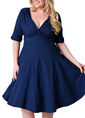 

Сексуальные женщины V Шея Твердые Стройный Ruched Элегантный вечер Swing Skater Dress