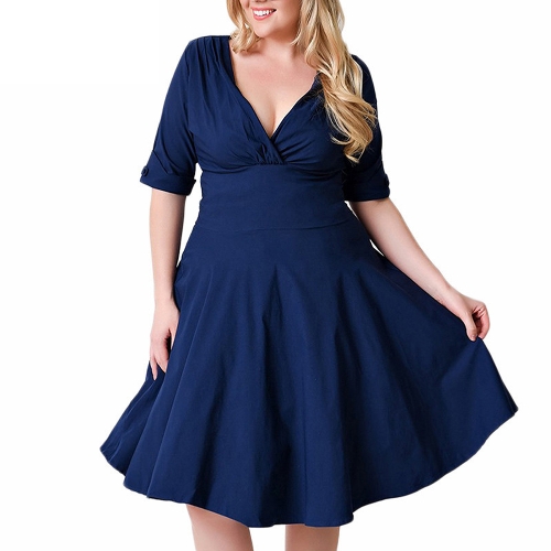 Sexy Women V Neck Solid Slim Ruched Elegant Party Swing Skater Dress