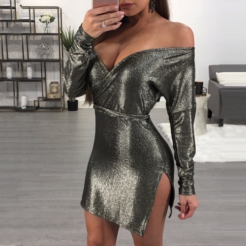 

Women Metallic Cross Deep V-Neck Long Sleeve Belted Casual Party Mini Dress