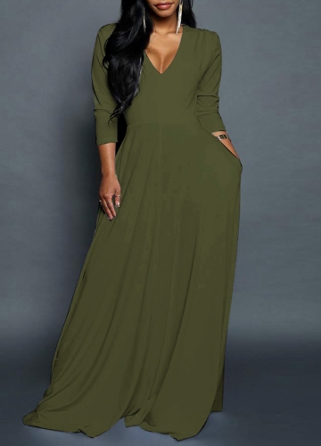 

Women V Neck Three Quarter Sleeve Solid Ruched Slim Elegant Maxi Dress