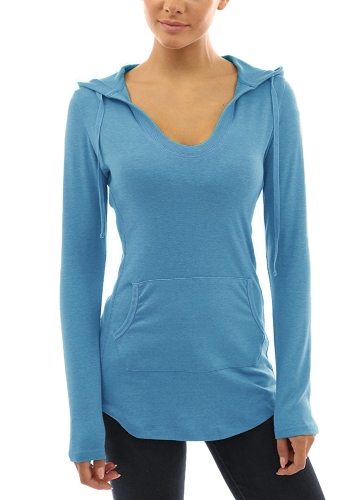 

New Fashion Autumn Women Hooded T-shirt Drawstring Front Pocket Long Sleeves Tees Pullover Top