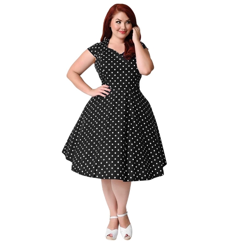 Women Plus Size Retro Polka Dot Dress 1950s 60s Rockabilly Swing Dress A-Line Party Midi Dress Black/Dark Blue