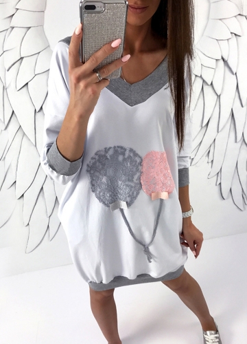 

Fashion Women V Neck Long Top Lace Splice Casual Loose Mini Dress
