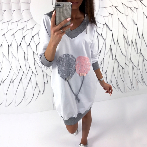 

Fashion Women V Neck Long Top Lace Splice Casual Loose Mini Dress