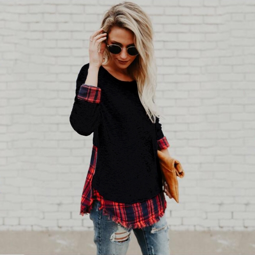 

Women Plaid Shirt Long Sleeve T-Shirt Raw Hem O-Neck Pullover Casual Blouse Top Black/Grey