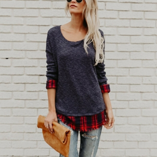 

Women Plaid Shirt Long Sleeve T-Shirt Raw Hem O-Neck Pullover Casual Blouse Top Black/Grey