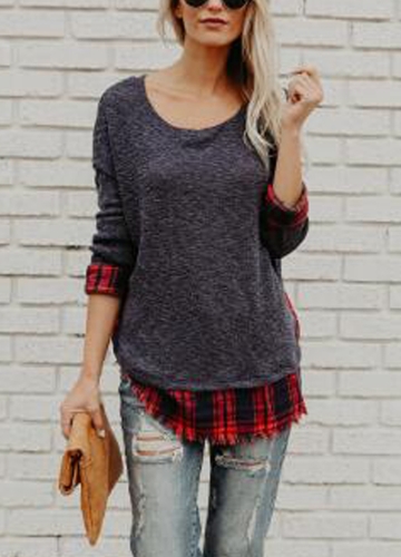 

Women Plaid Shirt Raw Hem Pullover Casual Blouse Top O-Neck T-Shirt
