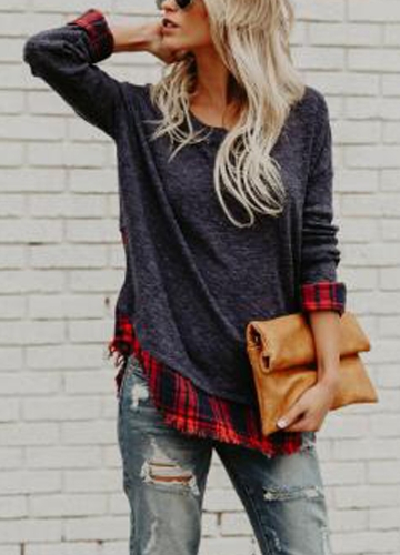 

Женская плед рубашка Raw Hem Pullover повседневная блузка Top O-Neck T-Shirt