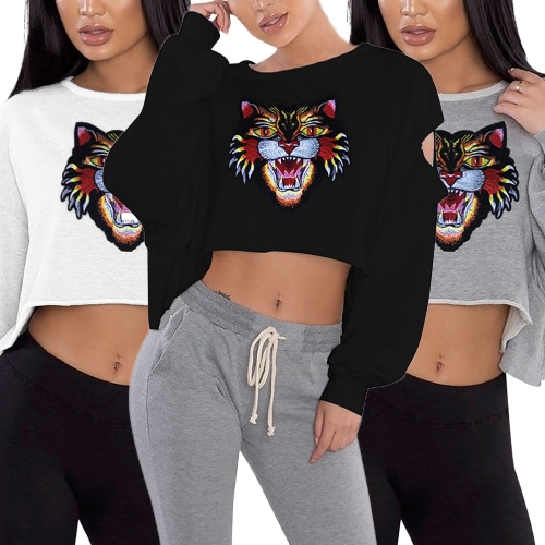 

Women Crop Loose Sweatshirt Hoodies Tiger Print Long Sleeves Raw Edge Oversized Pullovers Outwear