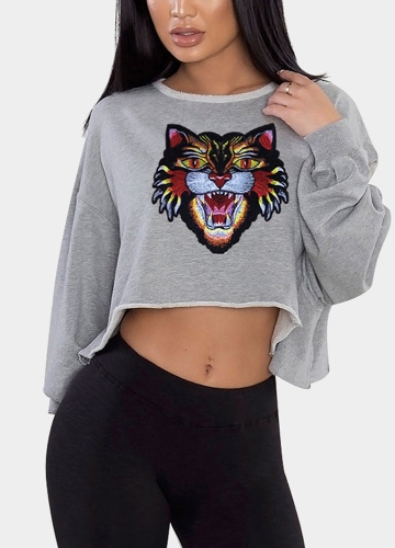 

Women Long Sleeves Crop Tiger Print Loose Sweatshirt Hoodies