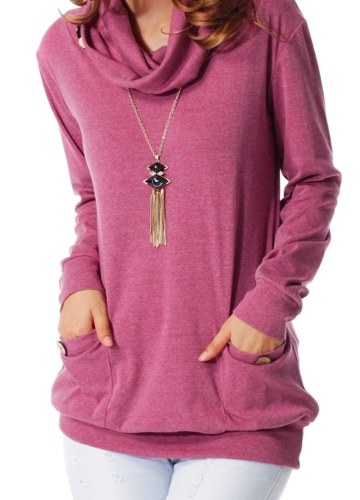 

Women Sweatshirts Turtle Neck Pockets Pullover Long Loose Blouse Outwear Tops