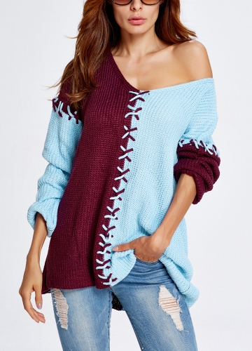

Women V-Neck Pullover Jumper Contrast Long Sleeve Loose Casual Knitted Sweater