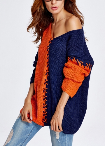 

Женщины V-образным вырезом Pullover Jumper Contrast с длинным рукавом Свободный повседневный трикотажный свитер