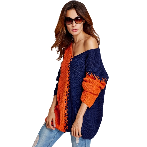 

Женщины V-образным вырезом Pullover Jumper Contrast с длинным рукавом Свободный повседневный трикотажный свитер