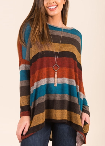 

Women Loose Long Sleeves Color Striped High Low Asymmetrical HemTee