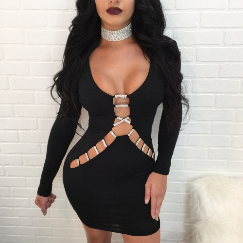 

Sexy Women Bodycon Mini Dress Hollow Out Rhinestone V-образным вырезом с длинными рукавами вскользь Slim Party Dresses