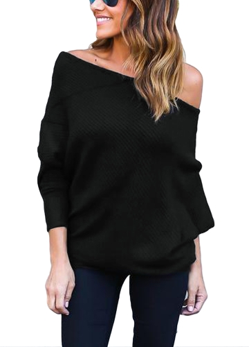 Women Loose Ribbed Off the Shoulder One Shoulder Asymmetric Round Neck Batwing Sleeve Casual T-shirt
