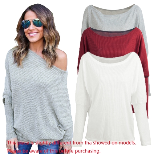 

Women Loose T-shirt Ribbed Off Shoulder One Shoulder Asymmetric Round Neck Batwing Sleeve Casual Oversize Pullover