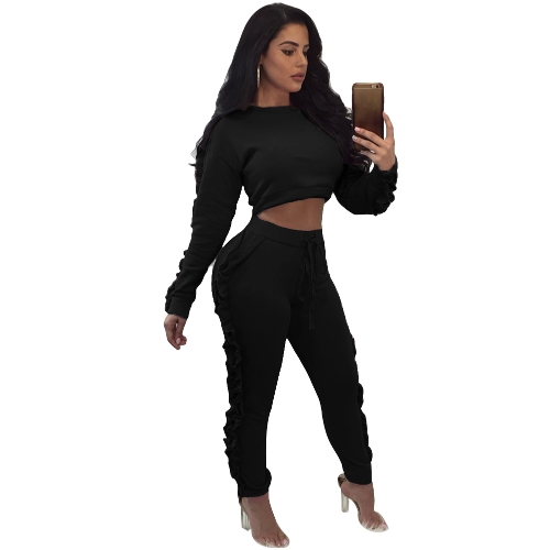 Mulheres Conjunto de duas peças Ruffle Crop Top Calças longas O-Neck Mangas compridas Drawstring Casual Sportswear Calças superiores Preto / Rosa