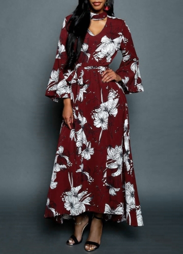 

Women Chiffon Maxi Dress Floral Print Cut Out V-Neck Chocker Flare Sleeve Long Dress