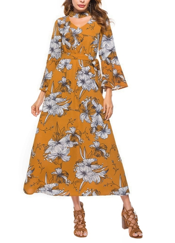 

Floral Print Cut Out V-Neck Chocker Flare Sleeve Chiffon Maxi Dress