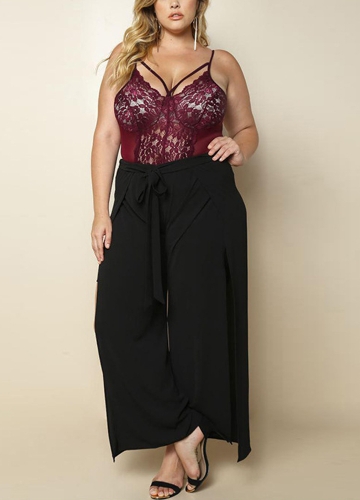 

Women Plus Size Wide Leg Pants Side Split Tie High Waist Casual Loose Trousers Long Culottes Pants