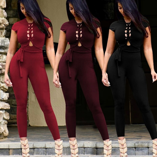 

Новые сексуальные женщины зашнуровать комбинезон Bodycon комбинезона Backless с короткими рукавами Clubwear Party Romper Playsuit с поясом