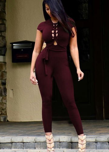 

Sexy Women Lace Up Backless Короткие рукава Bodycon Комбинезон