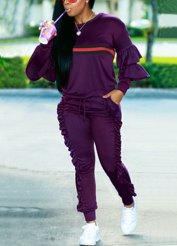 

Fashion Women Striped Ruffled Top Drawstring Long Pants Long Sleeve Two-Piece Set