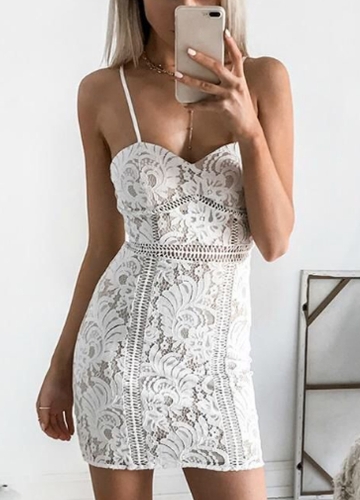 

Sexy Women Lace Hollow Out Sleeveless Strappy Strap Elegant Mini Dress