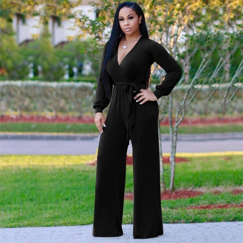 

Sexy Women Jumpsuit Deep V-образным вырезом с длинными рукавами Пояс широкими ногами Твердый элегантный повседневный длинный Rompe