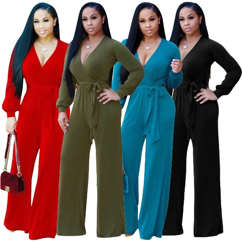 

Sexy Women Jumpsuit Deep V-образным вырезом с длинными рукавами Пояс широкими ногами Твердый элегантный повседневный длинный Romper Body Suits