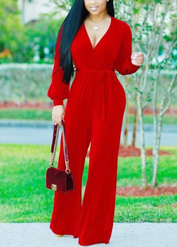 

Sexy Women Deep V-Neck Long Sleeves Belt Wide Legs Solid Elegant Jumpsuit