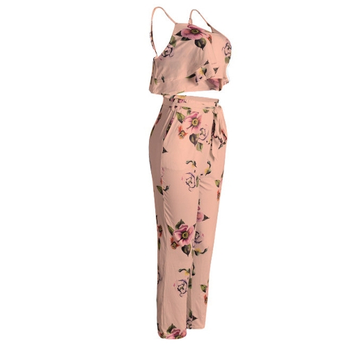 

Женщины Summer Two Piece Set Цветочный отпечатанный ремень для спагетти Двойные оборки Топы и длинные штаны