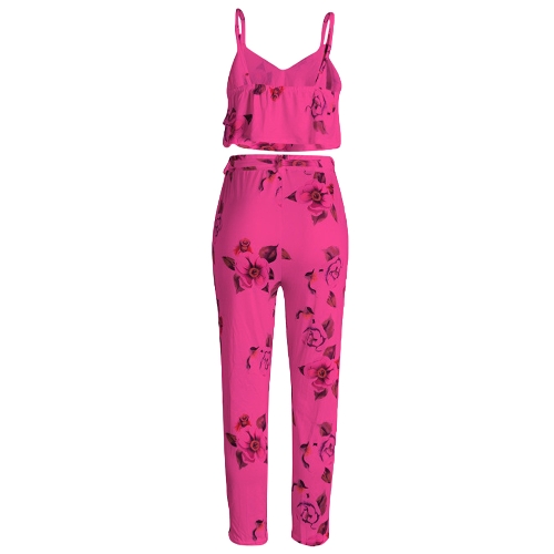 

Women Summer Two Piece Set Floral Printed Spaghetti Strap Double Ruffles Crop Tops & Long Pants Sets