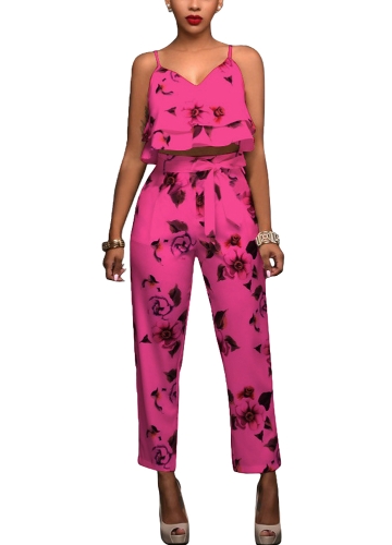 

Women Summer Floral Printed Spaghetti Strap Double Ruffles Crop Tops & Long Pants Sets