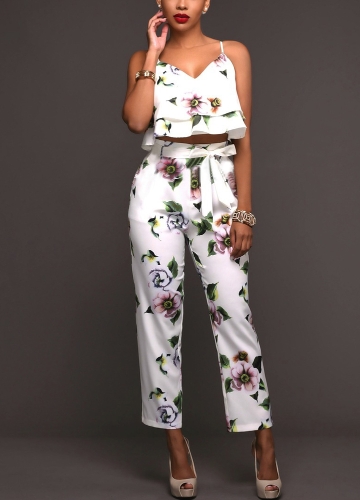 

Women Summer Two Piece Set Floral Printed Spaghetti Strap Double Ruffles Crop Tops & Long Pants Sets