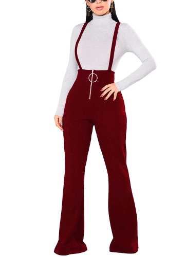 

Women Dungarees Overalls Bell-bottomed High Waist O-ring Zipper Front Flared Casual Jumpsuits Pants Trousers