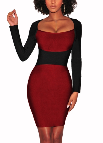 

Sexy Women Pencil Dress Square Neck Long Sleeves Color Block Clubwear Evening Party Dress