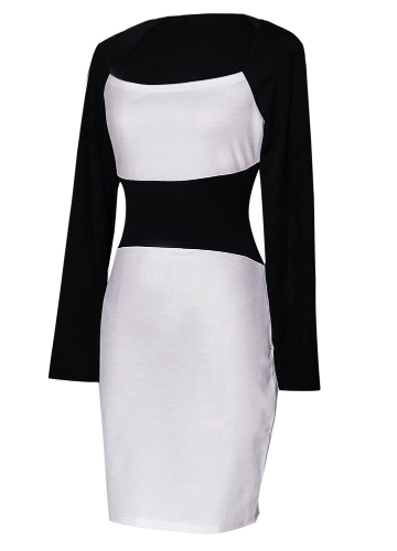 

New Sexy Women Pencil Dress Square Neck Long Sleeves Color Block Clubwear Evening Party Dress White/Burgundy