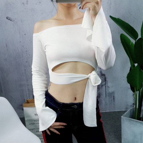 

Women Sexy Crop Top Solid Ribbed Off the Shoulder Long Sleeve Split Cut Out Tie Bodycon T-shirt