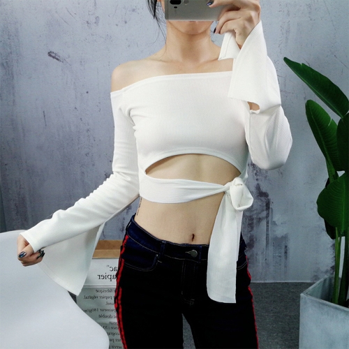 

Женщины Sexy Crop Top Solid Ribbed с плеча с длинным рукавом Сплит Cut Tie Bodycon Футболка