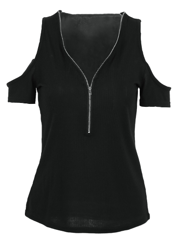 T-shirt donna Solid elasticizzata a costine Deep V Cold Shoulder Zipper manica corta tagliata Slim Casual Top