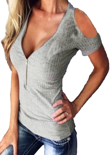 T-shirt donna Solid elasticizzata a costine Deep V Cold Shoulder Zipper manica corta tagliata Slim Casual Top