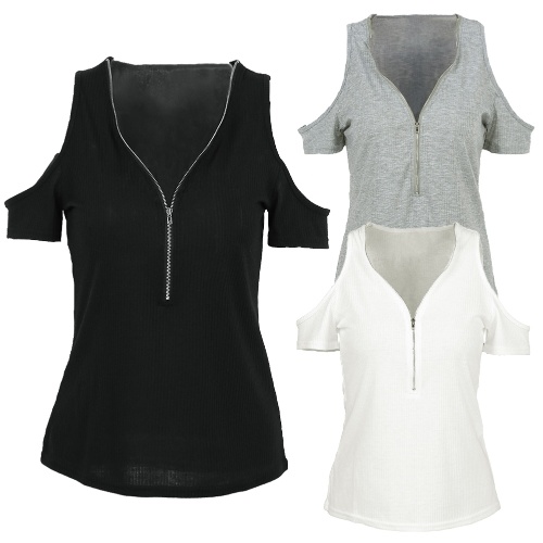 

Women T-shirt Solid Stretchy Ribbed Deep V Cold Shoulder Zipper Short Sleeve Cut Out Slim Casual Tops